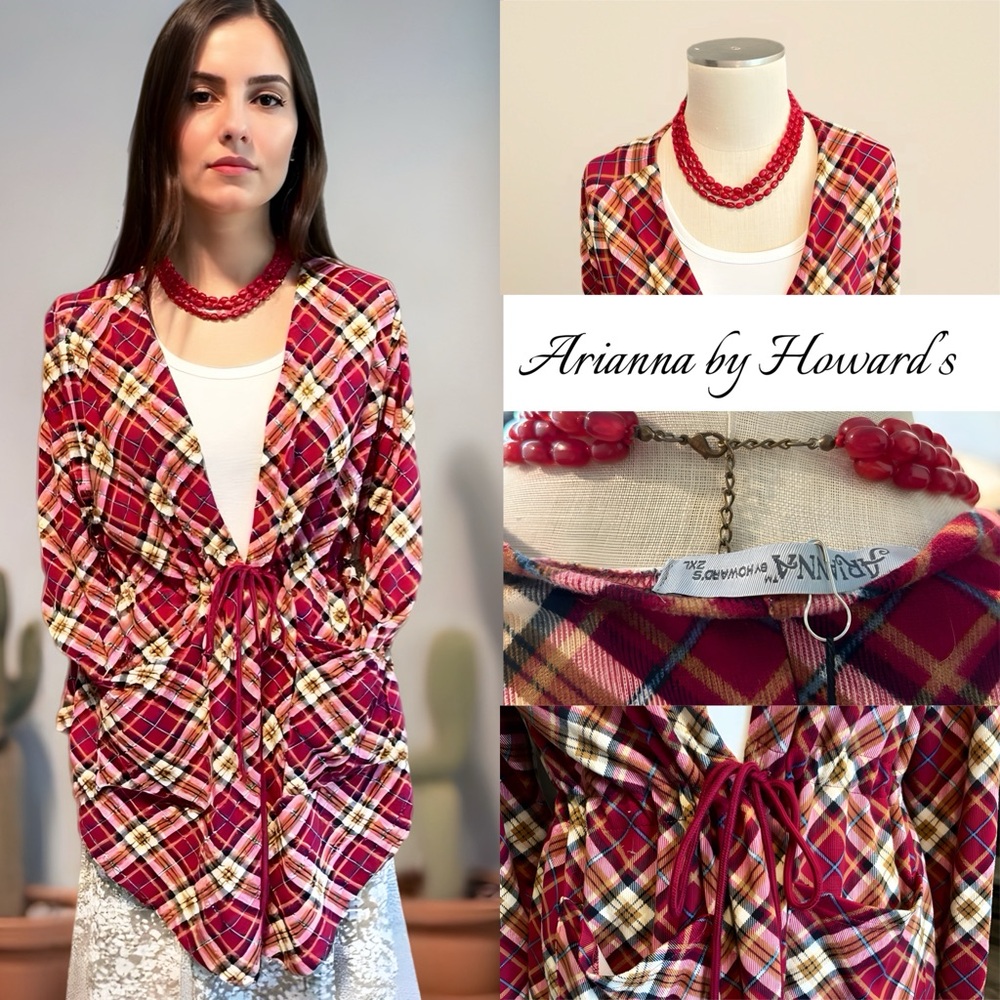 Arianna by Howard’s Red and Yellow Plaid Tie Scrunch Cardigan Plus Size 2X